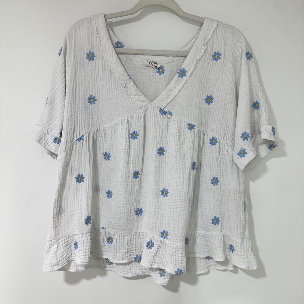 Neuville Daisy Embroidered Top Womens Large White Cotton Gauze Babydoll Blouse